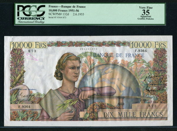 프랑스 France 1951-1956, 10000 Francs, P132d, PCGS 35 VF  미품 (앞면 볼펜자국와 핀홀)